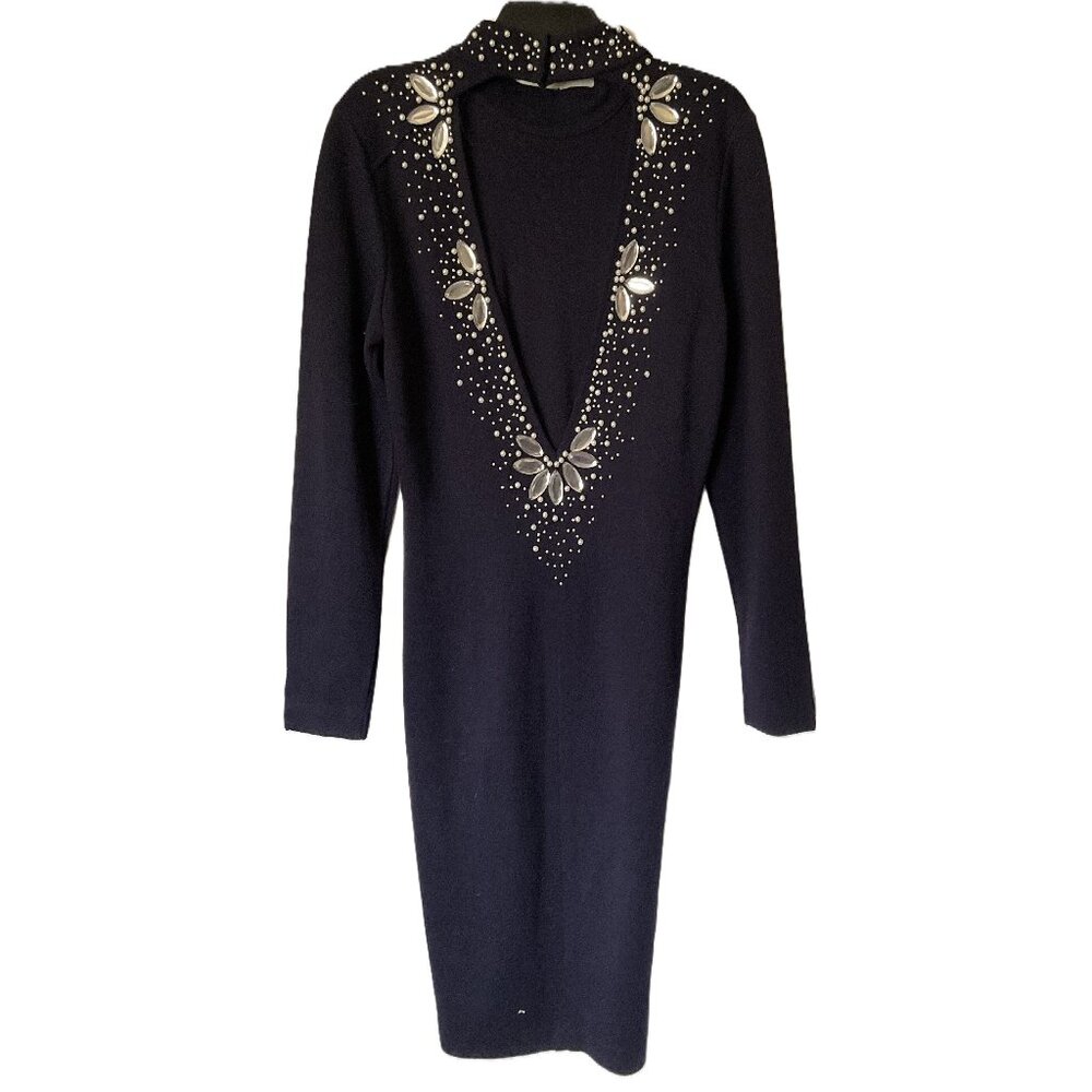 Outlander Vintage fitted Pearl & Jewel Wool Blend Low V Back dress